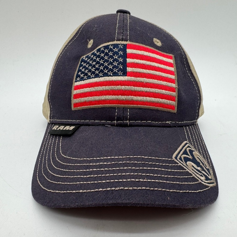 RAM American Flag Hat Navy Tan Outdoor Cap Adjustable Strapback Baseball Cap